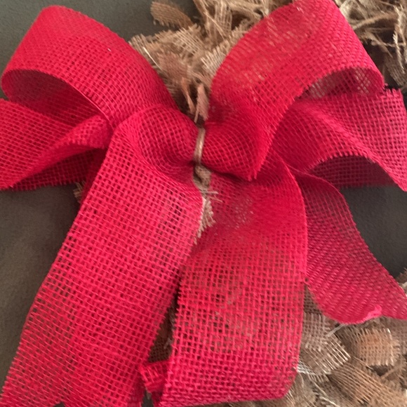 Brand new handcrafted rustic natural and red burlap wreath. Approx 22” w/ bow - Picture 2 of 6